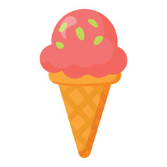 Strawberry ice cream in a waffle cone with green sprinkles, ideal for dessert menus, summer designs, kids’ projects, and food-themed decorations