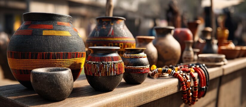 Traditional African pottery vases, beaded jewelry on wooden table outdoors, natural light highlighting vibrant patterns and earthy tones.