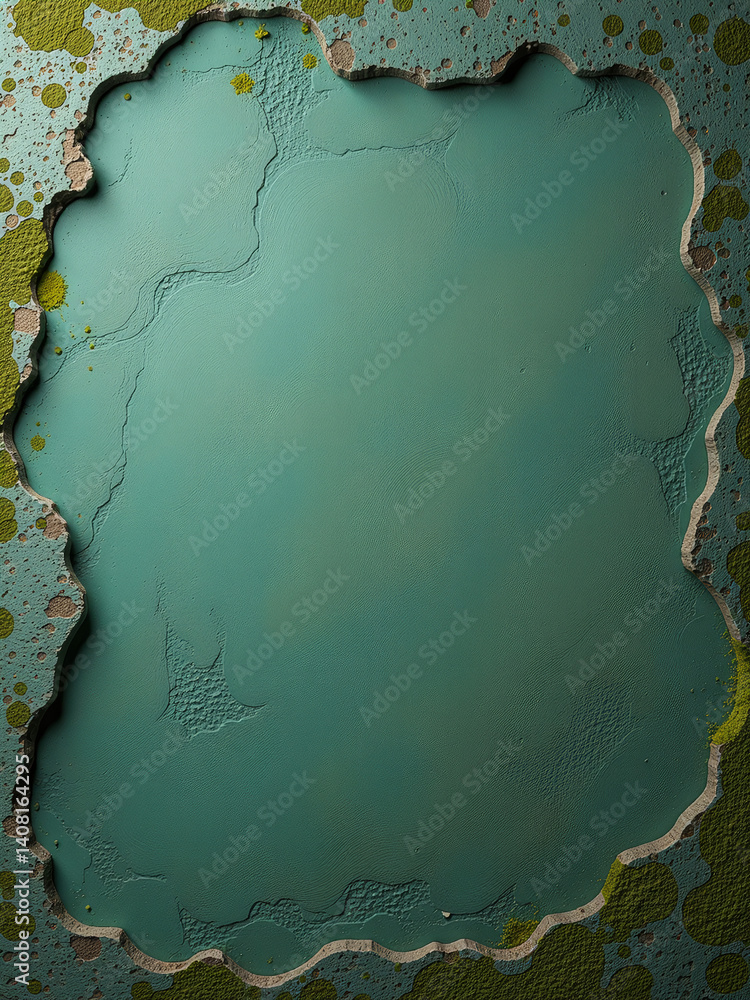 Poster rough concrete wall textured with moss and mold against a green grunge background with ample space f