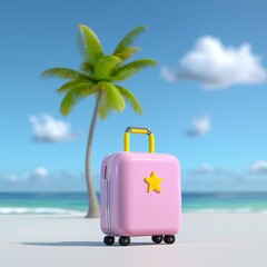 Fototapeta premium Colorful Pink Suitcase with Star Near Tropical Palm Tree and Ocean
