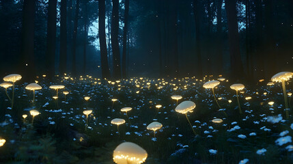 Enchanting forest glade illuminated by glowing fungi.