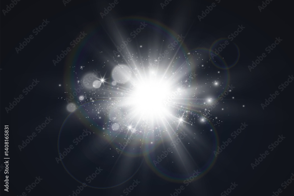 Poster Glowing star, sparkle, light streak, and shimmering particle on transparent background for overlays and magical effects.
