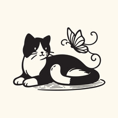 Minimalist Black and White Cat with Butterfly - Vintage Style Illustration.