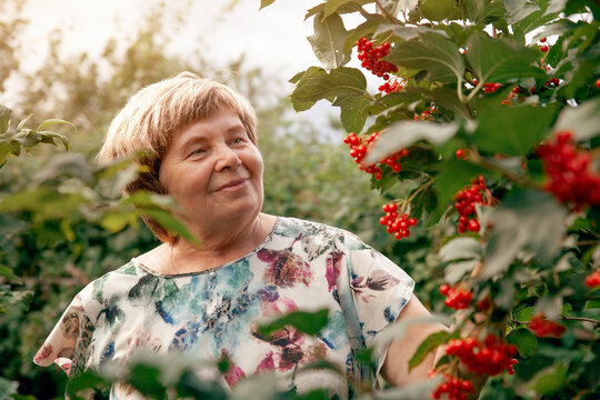 Elderly woman in a garden in Khakassia's natural setting