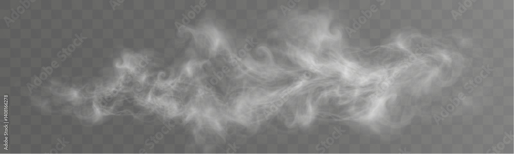 Poster realistic white smoke or mist effect with soft, swirling patterns on a transparent background. perfe