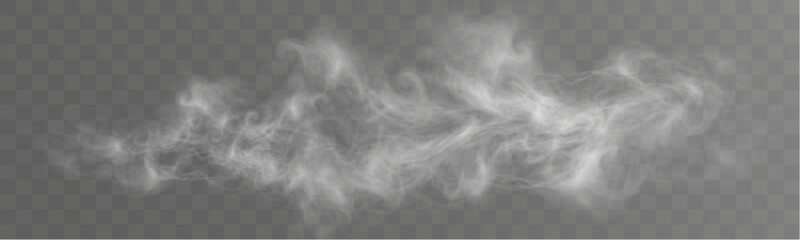 Realistic white smoke or mist effect with soft, swirling patterns on a transparent background. Perfect for overlays and atmospheric designs.	
