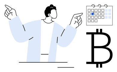 Person gesturing to marked calendar date and large Bitcoin sign. Ideal for cryptocurrency, planning, blockchain, investment, scheduling, financial forecasting, digital economy. Flat simple metaphor