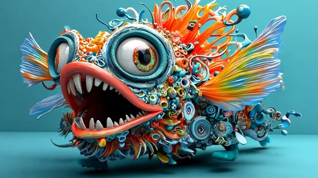 Psychedelic Cartoon Fish Illustration in Colorful 3D Animation Style