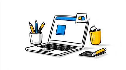 Modern Workspace with Laptop, Stationery, and Creative Essentials