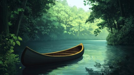 Canoe Floating on a Calm River Surrounded by Green Forest Trees