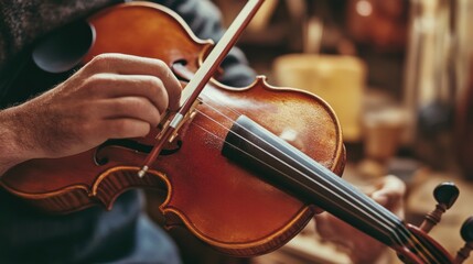 Luthier carefully shaping the body of a handmade violin in a workshop. Featuring craftsmanship and musical tradition