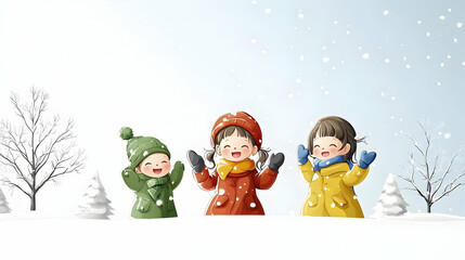 Naklejka premium Three Joyful Children Playing In A Snowy Winter Wonderland With Snow Covered Trees