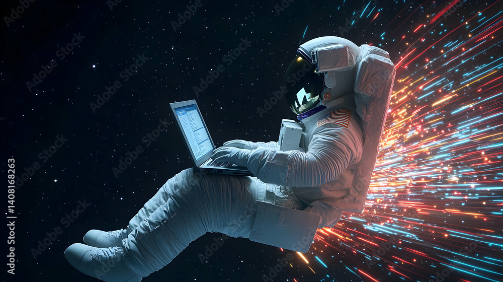 Poster pixelated astronaut floating in space wearing white suit using laptop surrounded by digital data flo