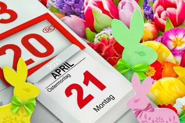 Deutscher Kalender Ostern  20. und 21. April  2025 mit Blumen und Osterhasen Ostersonntag...