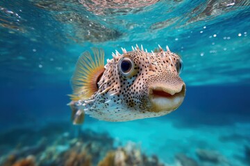 Fototapeta premium A curious pufferfish displays detailed spines and a gentle expression while floating in shallow, sunlit water for marine holiday visuals.