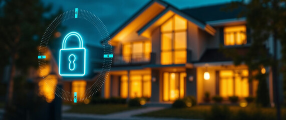 Smart home security system protecting modern house at night