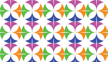 Geometric pattern, colorful shapes, retro design, seamless tiles, vibrant colors, abstract stars, overlapping circles, kaleidoscopic, symmetrical layout, 1960s inspired, mod style, playful composition