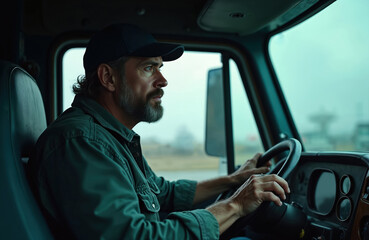 Mature truck driver driving semi-truck. Man with beard at work. Trucker inside cabin, driving. Transportation, logistics concept. Courier, cargo delivery. Trucking industry road transport. Focus on