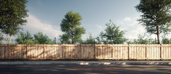 A wooden fence in front of dense green trees, clear sky with some clouds, paved road in the foreground