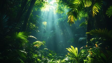 Obraz premium Sunlight Shines Through Lush Green Forest Canopy Creating a Peaceful Atmosphere