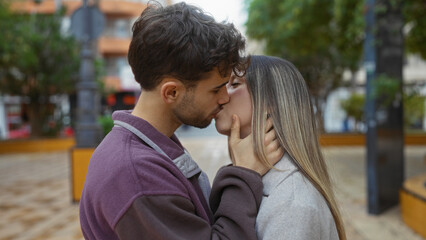 Fototapeta premium Couple kissing passionately outdoors in urban park setting, capturing love and intimacy between young man and woman amid city backdrop.