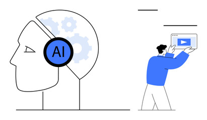 Human interacting with AI-represented head with gears emphasizing technology. Ideal for AI, innovation, collaboration, technology, digital media, education, simple landing page