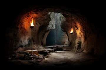 A dimly lit cave with a treasure chest and torches, leading to a mysterious opening in the rocks.