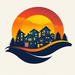 Naklejka premium Evening skyline of houses under a vibrant sunset with an orange sky and silhouettes of trees in the foreground