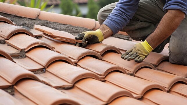 Hispanic roof technician repairing a broken tile on a roof. Featuring roof repair and safety measures