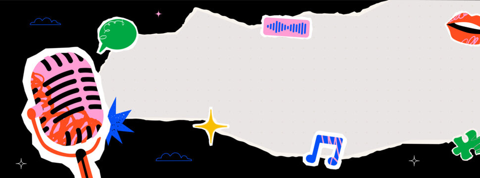 A dynamic and eclectic illustration with a microphone and a torn piece of paper with a musical note, a sound wave symbol and a speech bubble. A banner design template for a podcast or music project.
