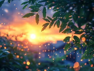 Capturing Easter's Beauty: Dew-Kissed Leaves and Golden Sunset Radiance, Evoking a Sense of Renewal and Serenity in Nature's Gentle Embrace.