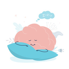 Human brain character has a healthy sleep in the bed. Brain mascot lying on pillow, mind sleeping and relax. Bedtime, night