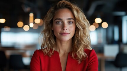 A cheerful woman with curly hair and a radiant smile stands confidently in a stylish red dress, embodying positivity and vibrancy in a contemporary workspace.
