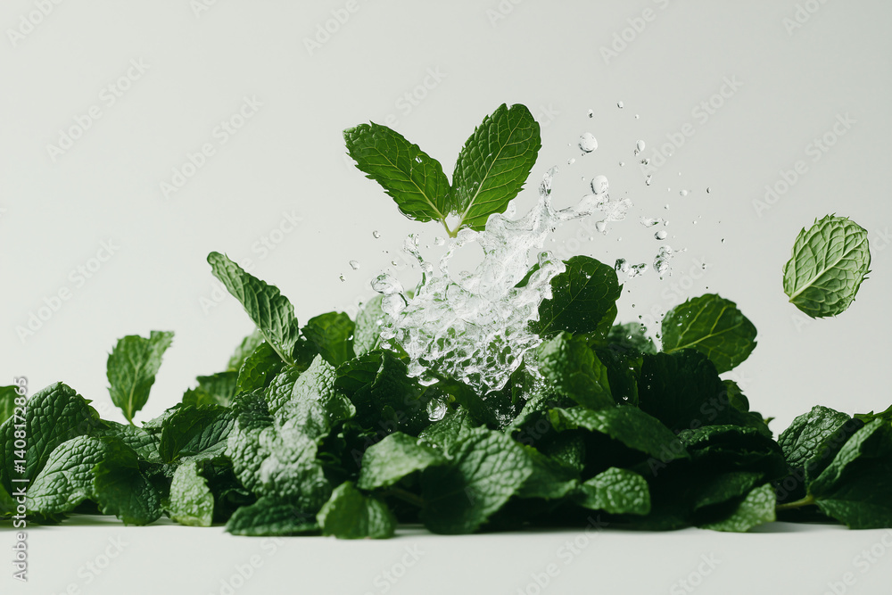 Poster mint splash: fresh mint leaves are engulfed in a captivating splash of water, creating an invigorati