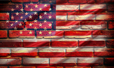 Happy independence day us usa united state america flag waving texture surface brickwall background...