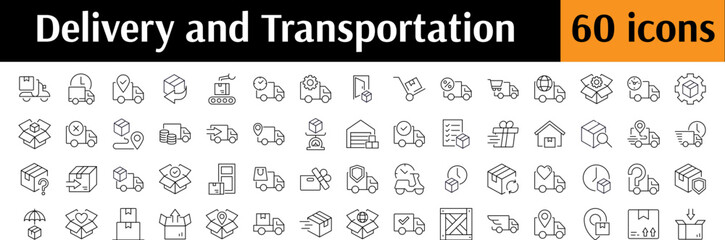 Delivery Line Icon Set. Transport, Parcel, Cargo, Truck Outline Signs for Graphic and Web Design, Apps, Adverts, Various Cards