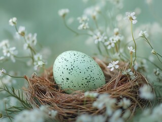 Fototapeta premium Speckled Easter Egg Nestled Among Delicate White Flowers: A Symbol of New Beginnings, Spring's Joy, and the Gentle Beauty of Nature's Renewal