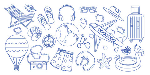 Hand drawn vintage summer doodle collection for beach party design. Includes vacation themed elements perfect for cards, stickers and summer sale banners. Dolce vita style illustration.