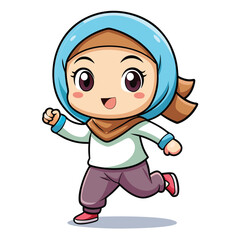Cute cartoon girl running in hijab