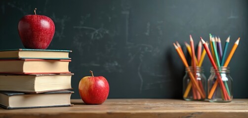 Stack books with red apple on desk against blackboard background with pencils. Back to school, education concept. Studying, learning, knowledge, creative process, back to school theme.