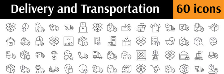 Delivery Thin Line Icon Set. Transport, Parcel, Cargo, Truck Outline Signs for Graphic and Web Design, Apps, Adverts, Various Cards