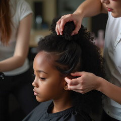 Naklejka premium Young girl's textured hair styled creatively by a stylist in a salon setting