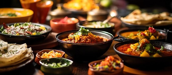Obraz premium Indian cuisine table with teal rice bowl, black curry pan, red sauce dish, salads, bread under warm abundant lighting.