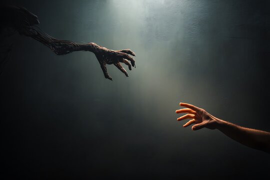 A chilling image of two reaching hands in the dark, one shadowy and monstrous, the other human, representing the duality of fear and hope.