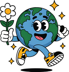 Happy Cartoon Earth Holding Flower – Eco Friendly Vector Character