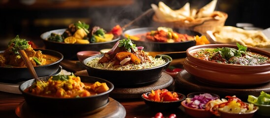 Fototapeta premium Indian cuisine table with teal rice bowl, black curry pan, red sauce dish, salads, bread under warm abundant lighting.