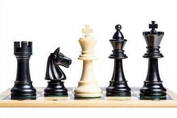 Chess pieces lined up close up on white background