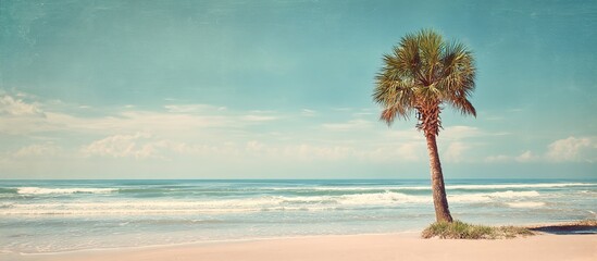 Obraz premium Single palm tree on sandy beach with crashing blue-green waves under clear sky and sunlight, leaning slightly.