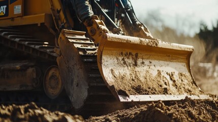 Construction worker operating a bulldozer at a site. Featuring strength and focus