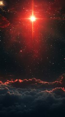 A dramatic red star shining brightly over mystical clouds